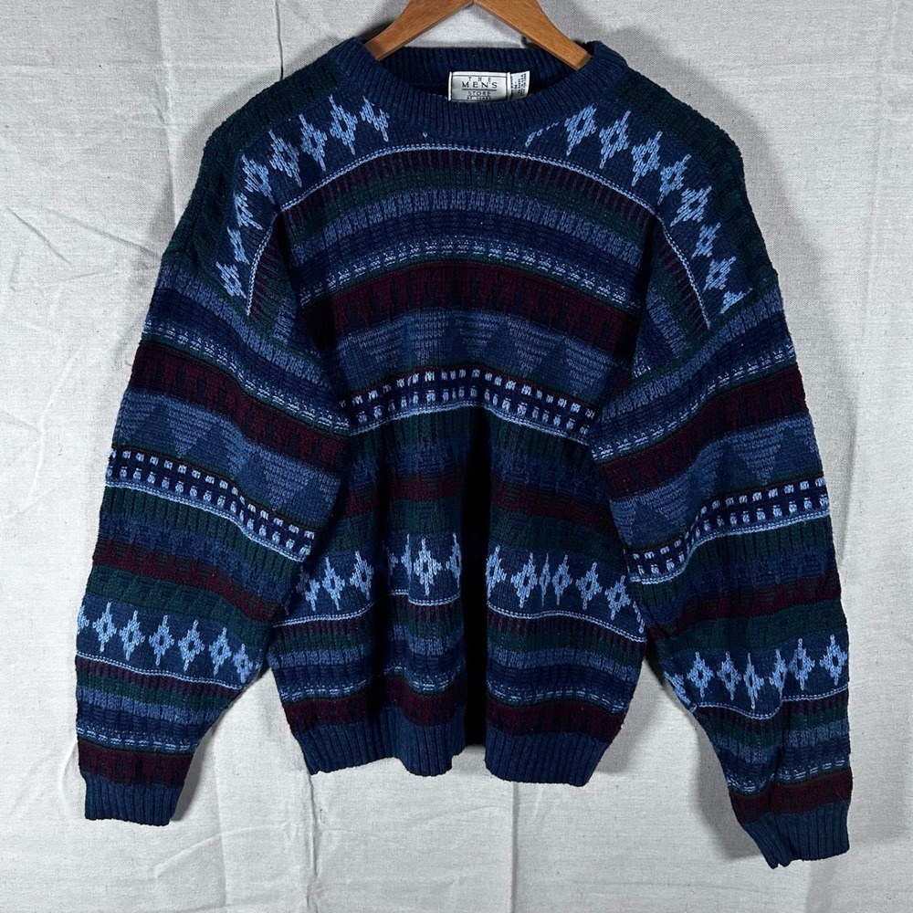 Vintage‎ The Mens Store Sears Geometric Fair Isle Sweater Blue Teal Mens Medium